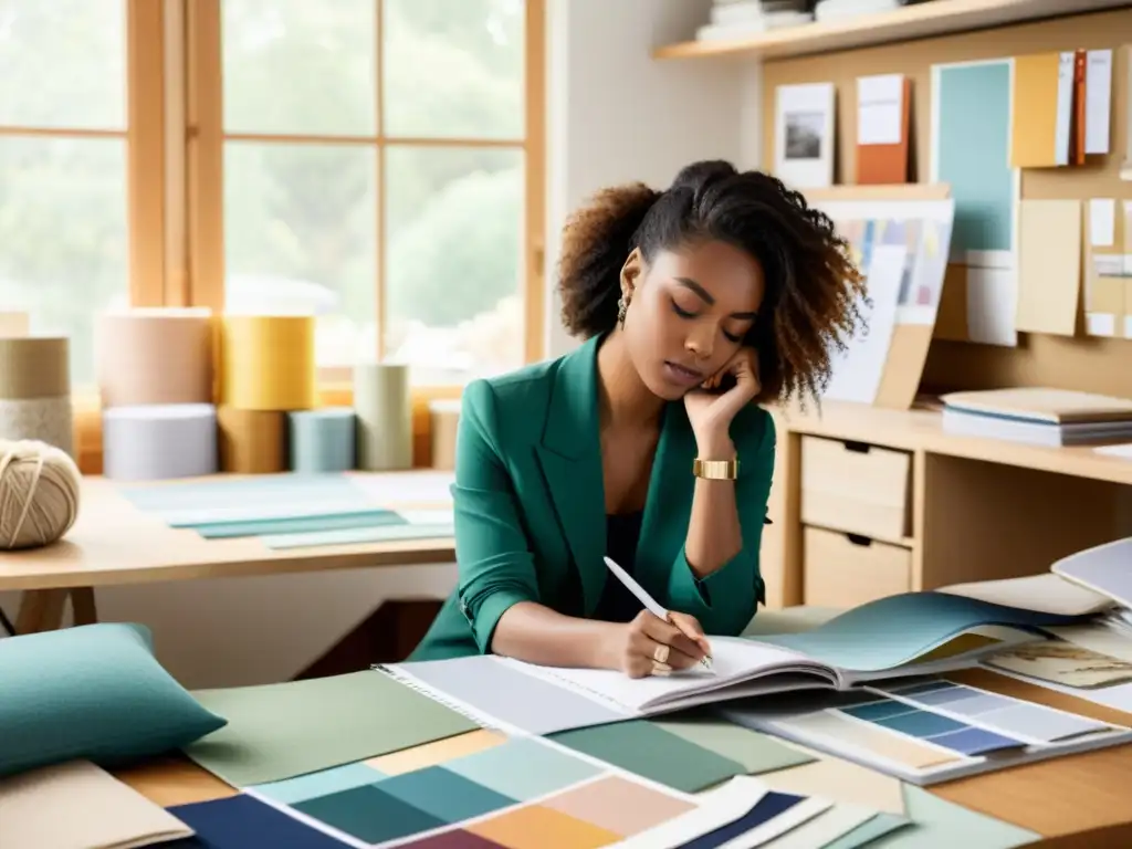 Un diseñador de moda inmerso en el storytelling, rodeado de inspiración y creando una nueva colección