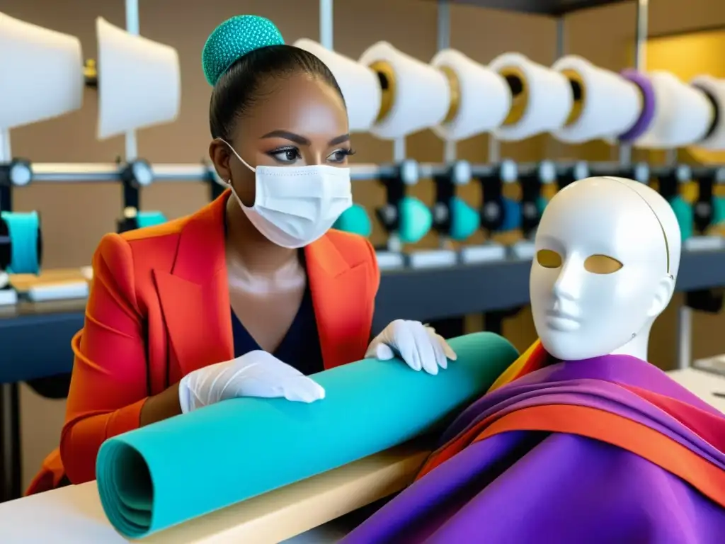 Un diseñador de moda ajusta una mascarilla a un maniquí entre rollos de tela colorida y una máquina de coser