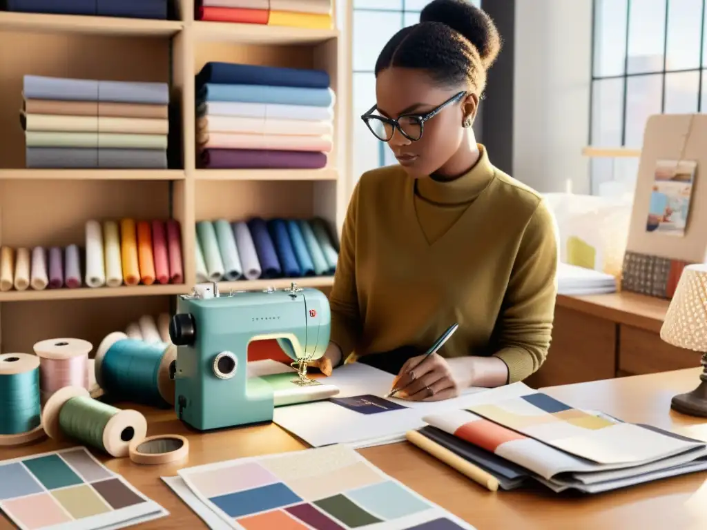 Un diseñador de moda esboza una nueva colección en un estudio iluminado por el sol, rodeado de telas, muestras de colores y paneles de inspiración