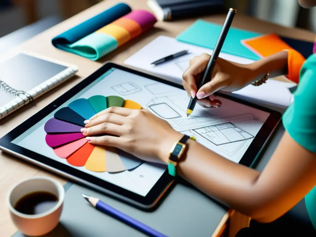 Un diseñador de moda crea meticulosamente un nuevo diseño en su tablet, rodeado de tela colorida y bocetos, transmitiendo una atmósfera dinámica