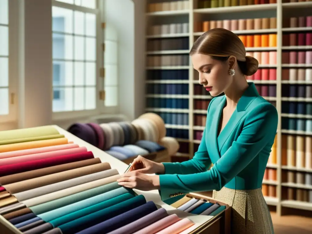 Un diseñador de moda selecciona meticulosamente paletas de colores alta costura en un atelier iluminado por el sol, mostrando elegancia y creatividad