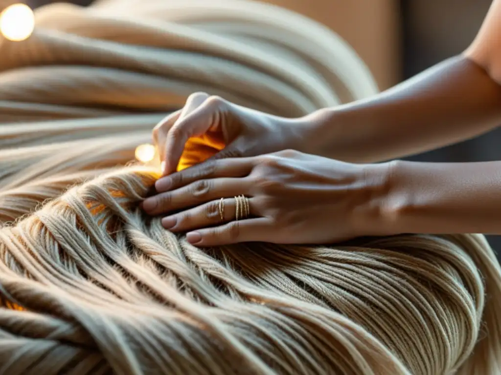 Diseñador de moda creando con tela de cáñamo sostenible Un diseñador de moda crea una prenda de cáñamo sostenible con cuidado y detalle, rodeado de hilos naturales