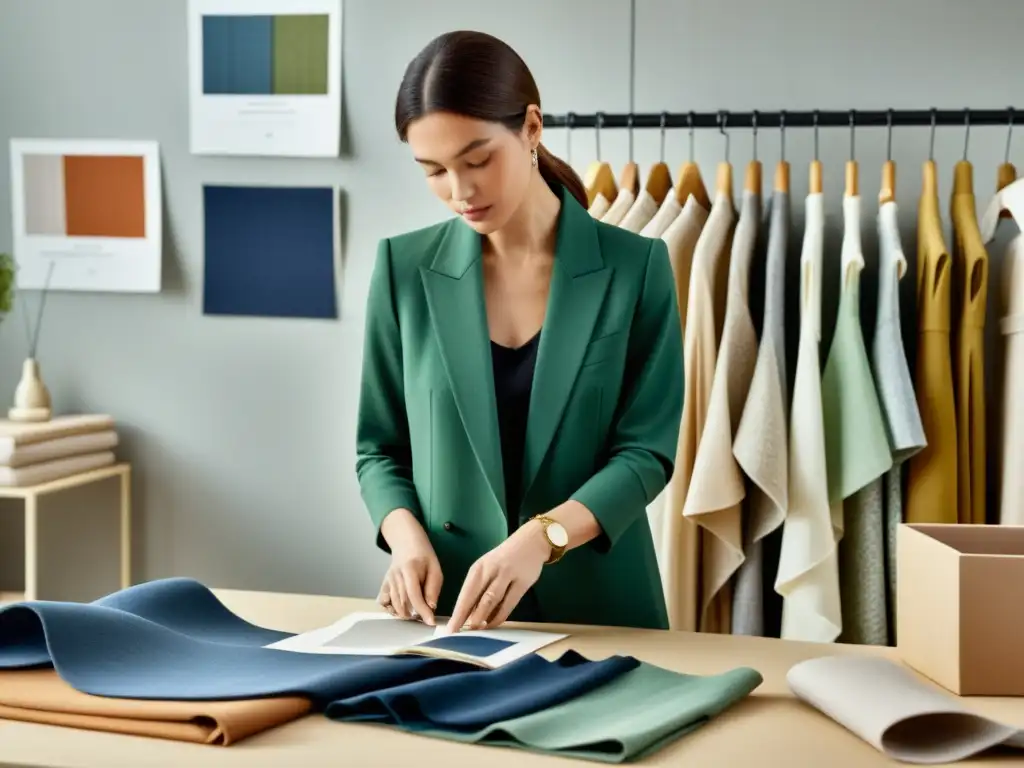 Un diseñador de moda inspecciona detalladamente una prenda sostenible en su estudio luminoso, rodeado de materiales y bocetos