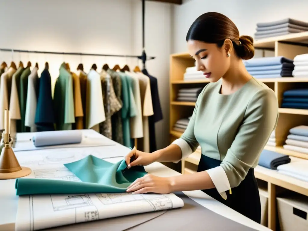 Un diseñador de moda personaliza prendas en su bullicioso taller, con atención meticulosa a cada detalle