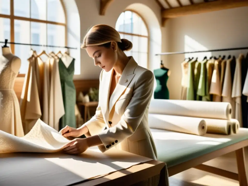 Un diseñador de moda reconocido inspecciona tela ecológica en un atelier iluminado por el sol, rodeado de materiales sostenibles y bocetos de alta costura