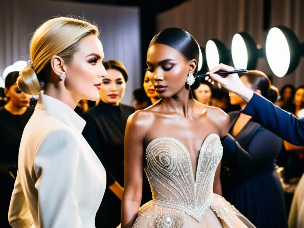 Un diseñador de moda rodeado por su equipo en el backstage de un desfile, perfeccionando una impresionante creación