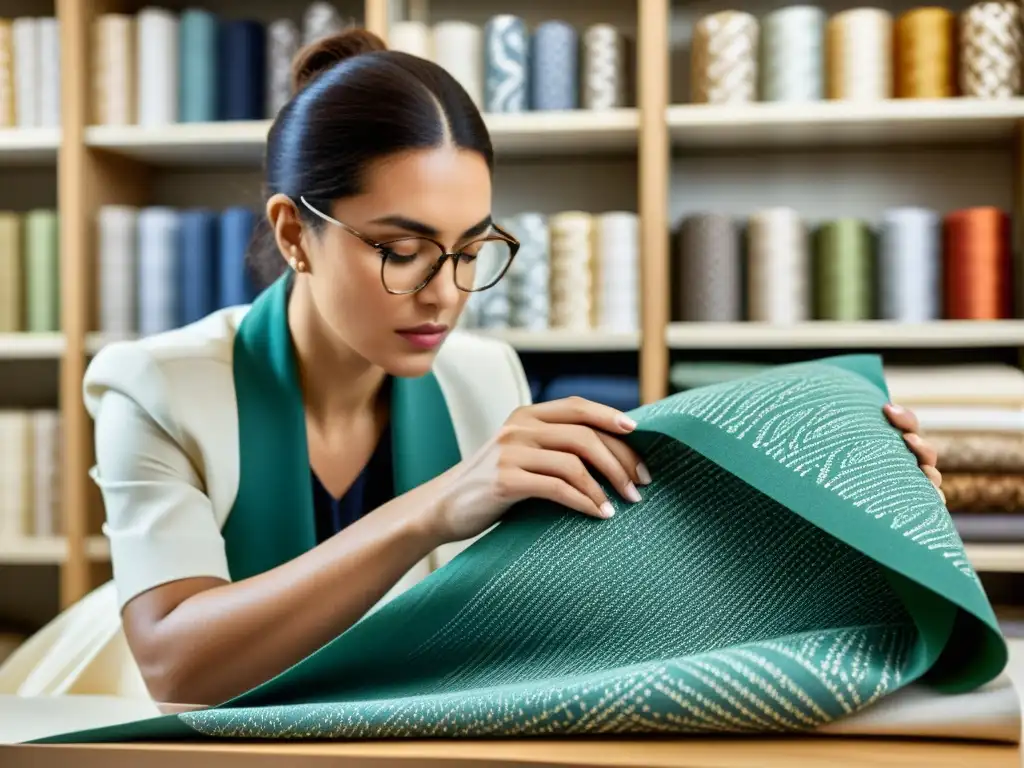 Un diseñador de moda examina con seriedad una tela de edición limitada en un ambiente sostenible y moderno