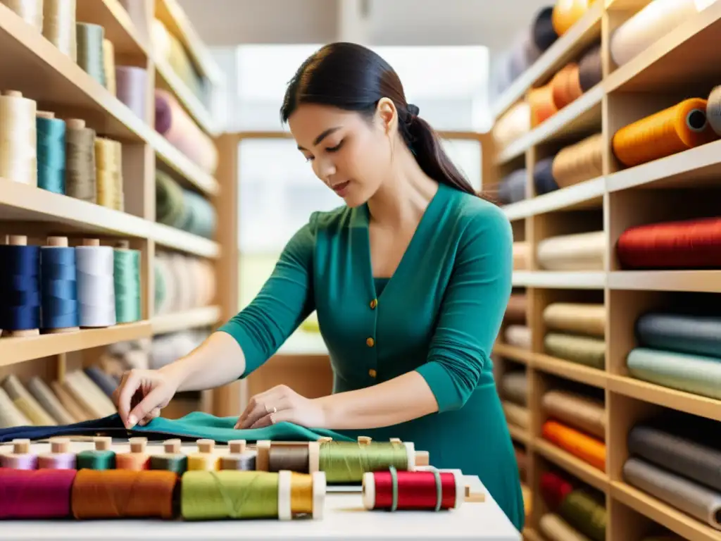 Un diseñador de moda sostenible crea con cuidado una prenda con materiales orgánicos y biodegradables, rodeado de telas naturalmente teñidas