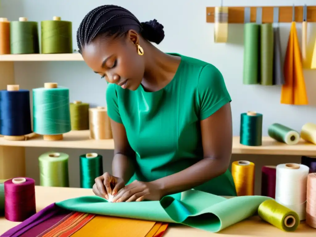 Un diseñador de moda sostenible crea prendas con polímeros naturales en un estudio luminoso rodeado de tejidos ecológicos