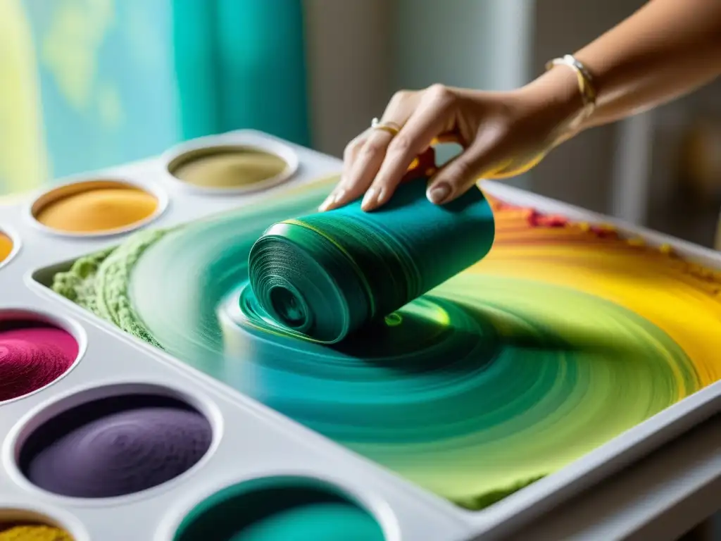 Un diseñador de moda sostenible mezcla tinta ecológica en su estudio, creando una paleta vibrante y amigable con el medio ambiente