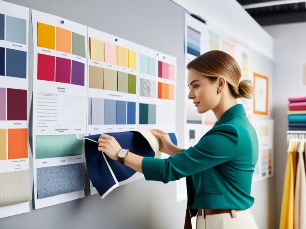 Un diseñador de moda selecciona telas en su estudio, reflejando la autenticidad en la creación de una marca de moda genuina en digital