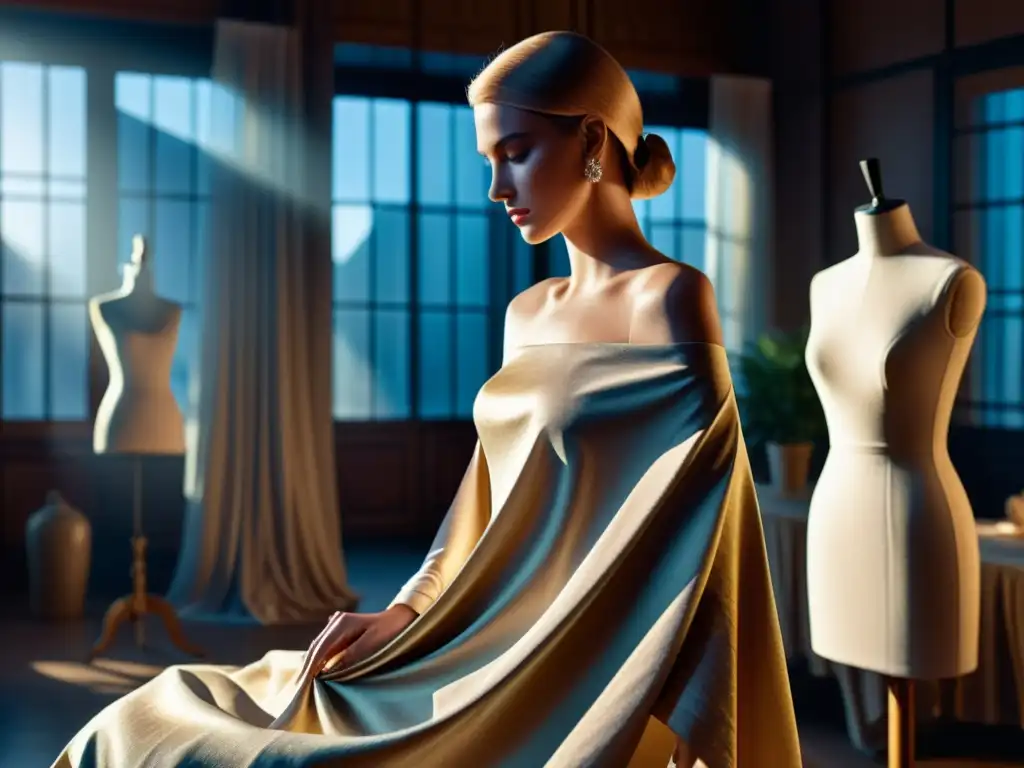 Un diseñador de moda crea un vestido de alta costura en su atelier iluminado por el sol, destacando la artesanía y la belleza