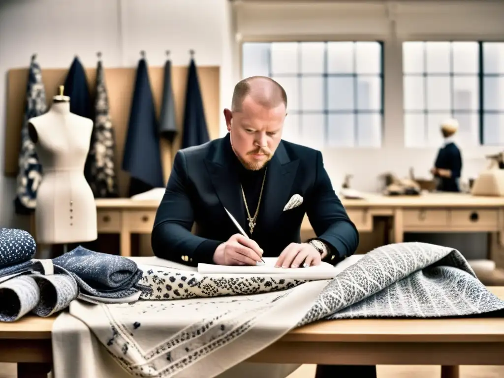 El diseñador Alexander McQueen crea una prenda en su taller, rodeado de telas lujosas y herramientas de costura