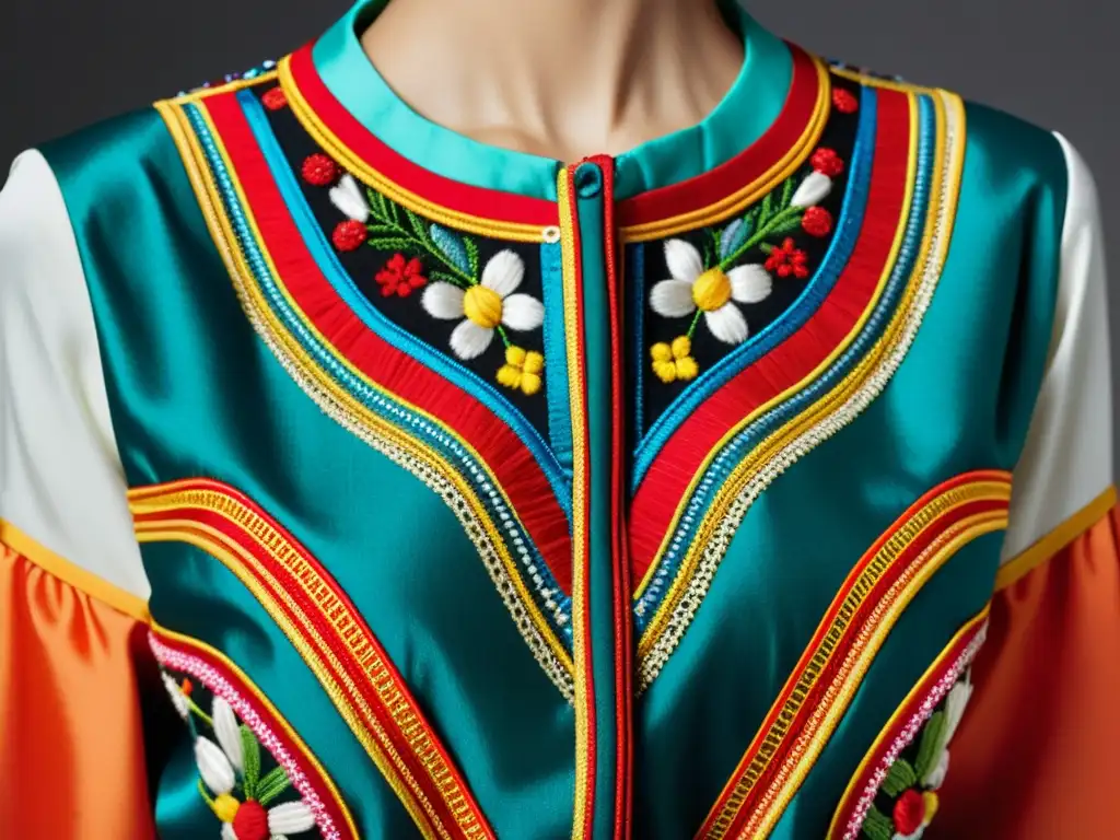 Una diseñadora de moda asiática borda meticulosamente motivos tradicionales en una prenda futurista, fusionando futurismo y folklore en moda asiática