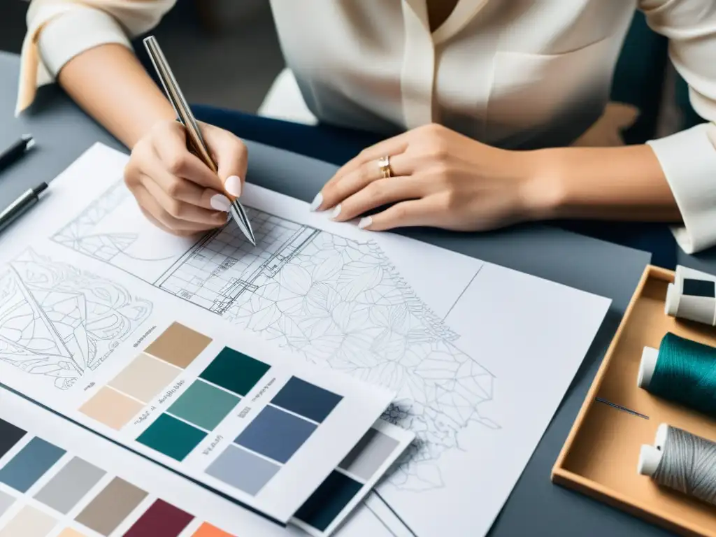 Una diseñadora de moda crea con atención su nueva colección, rodeada de tejidos, fotos inspiradoras y herramientas