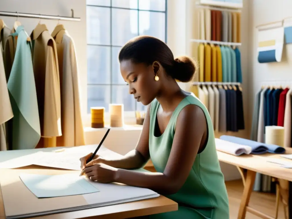 Una diseñadora de moda concentrada en su atelier, rodeada de telas, equipo de costura y bocetos, creando contenido de moda con pasión y autenticidad