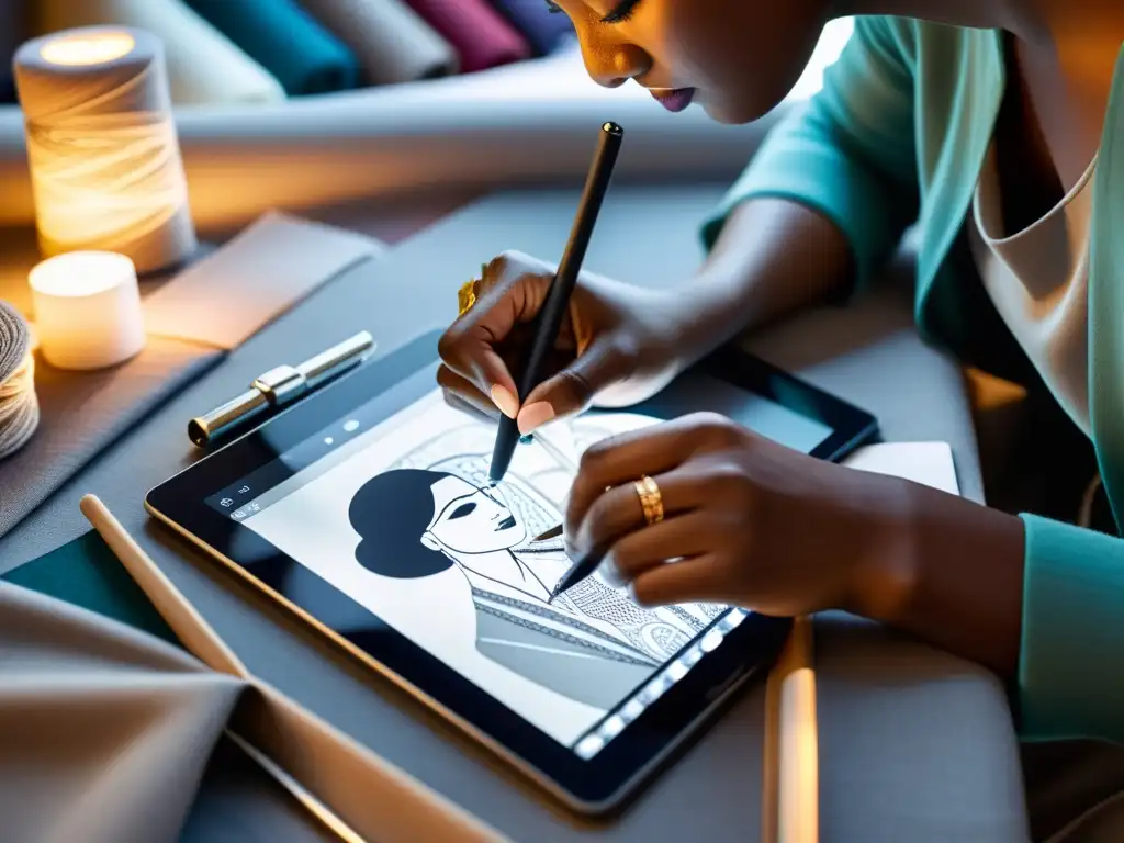 Una diseñadora de moda concentrada, creando diseños en una tablet rodeada de telas y herramientas de costura