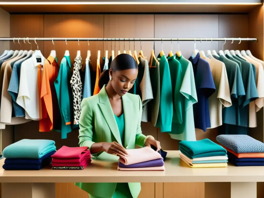 Una diseñadora de moda organiza con detalle prendas en una boutique elegante, transmitiendo la dedicación y el estilo de la Optimización tienda online moda