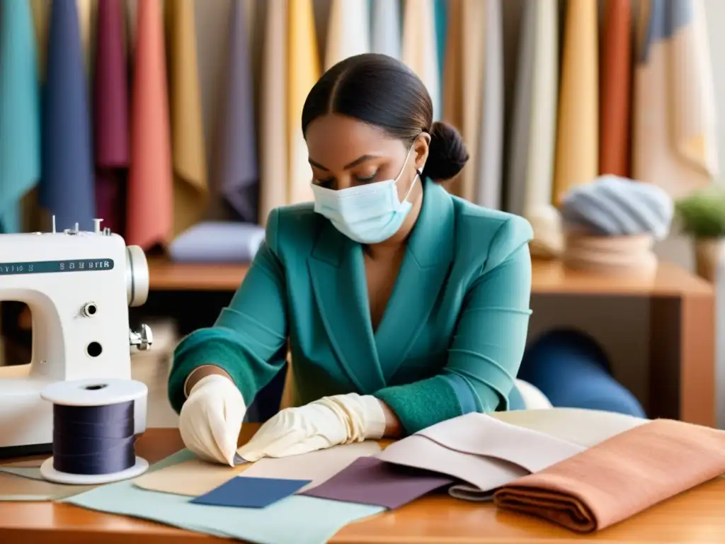 Una diseñadora de moda trabaja con determinación en su estudio, rodeada de telas, bocetos y una máquina de coser, adaptándose a la pandemia