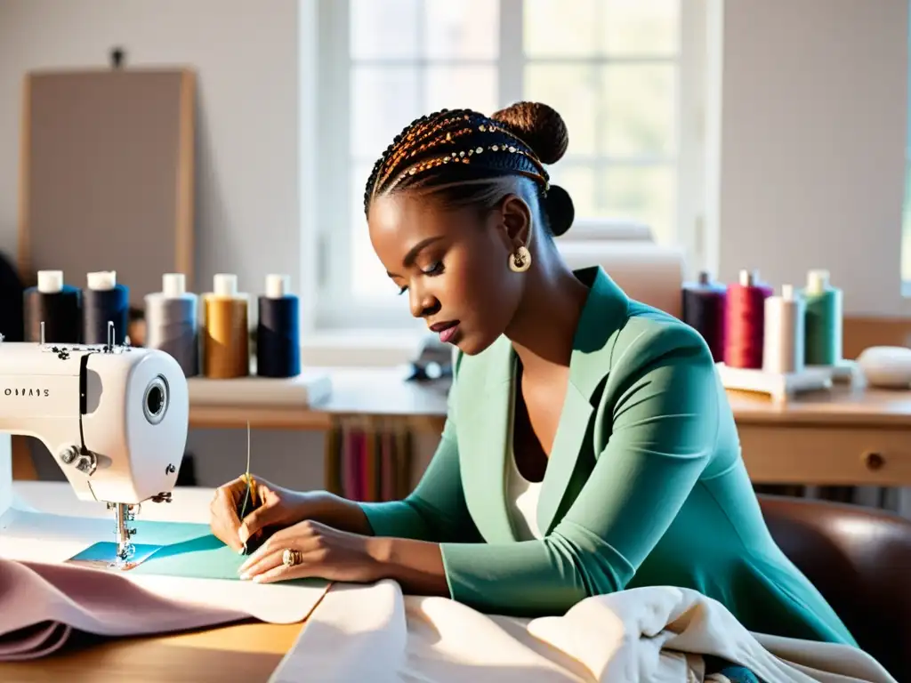 Una diseñadora de moda trabaja con determinación en su estudio soleado, rodeada de telas lujosas y herramientas