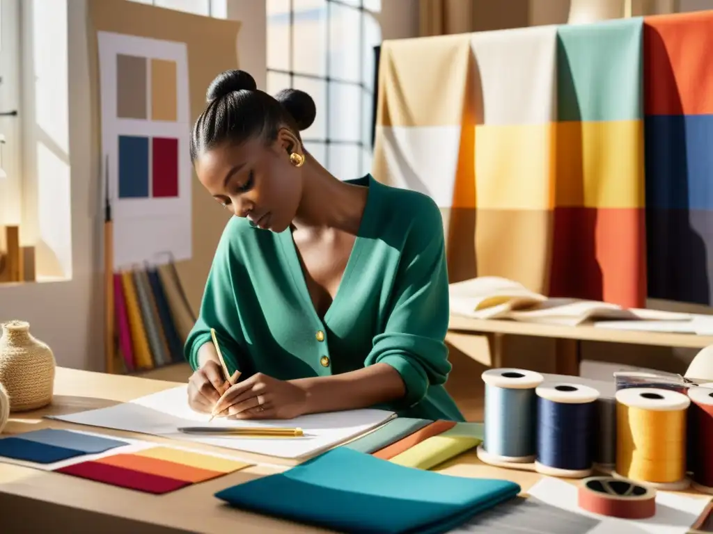 Una diseñadora de moda dibuja en su estudio soleado, rodeada de telas, herramientas de costura y tableros de inspiración