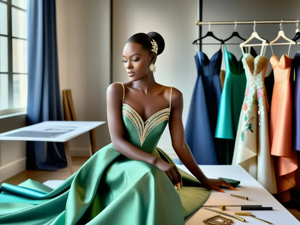 Una diseñadora de moda famosa crea un exquisito vestido de alta costura en su atelier, rodeada de lujosas telas y bocetos elegantes, celebrando la liberación femenina a través de la moda