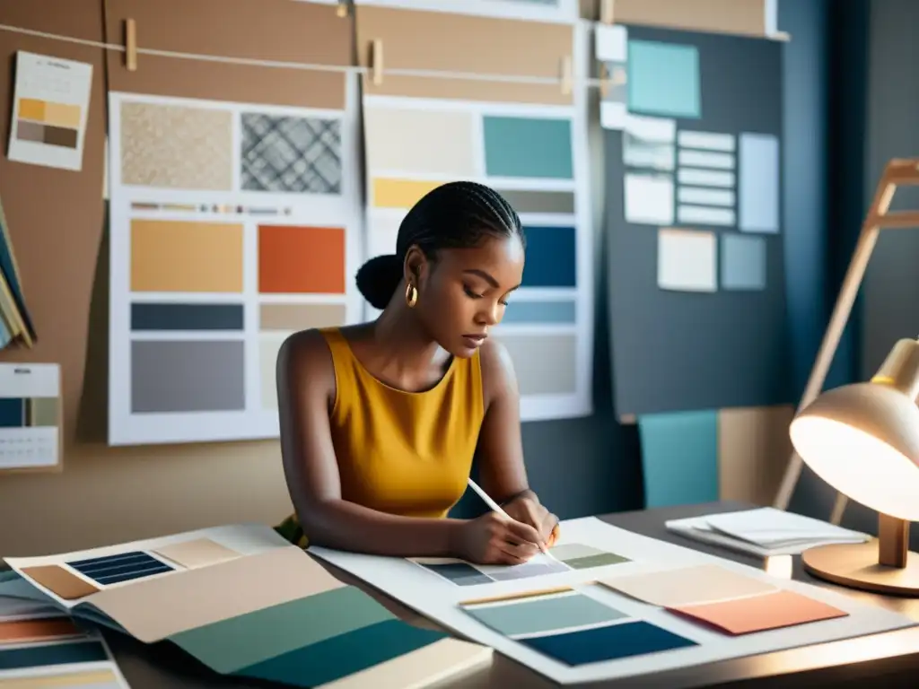 Una diseñadora de moda inmersa en el proceso creativo, rodeada de inspiración, bosquejando una nueva colección
