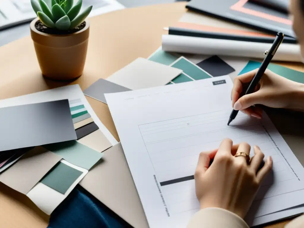 Una diseñadora de moda inmersa en el storytelling de su nueva colección, rodeada de materiales creativos