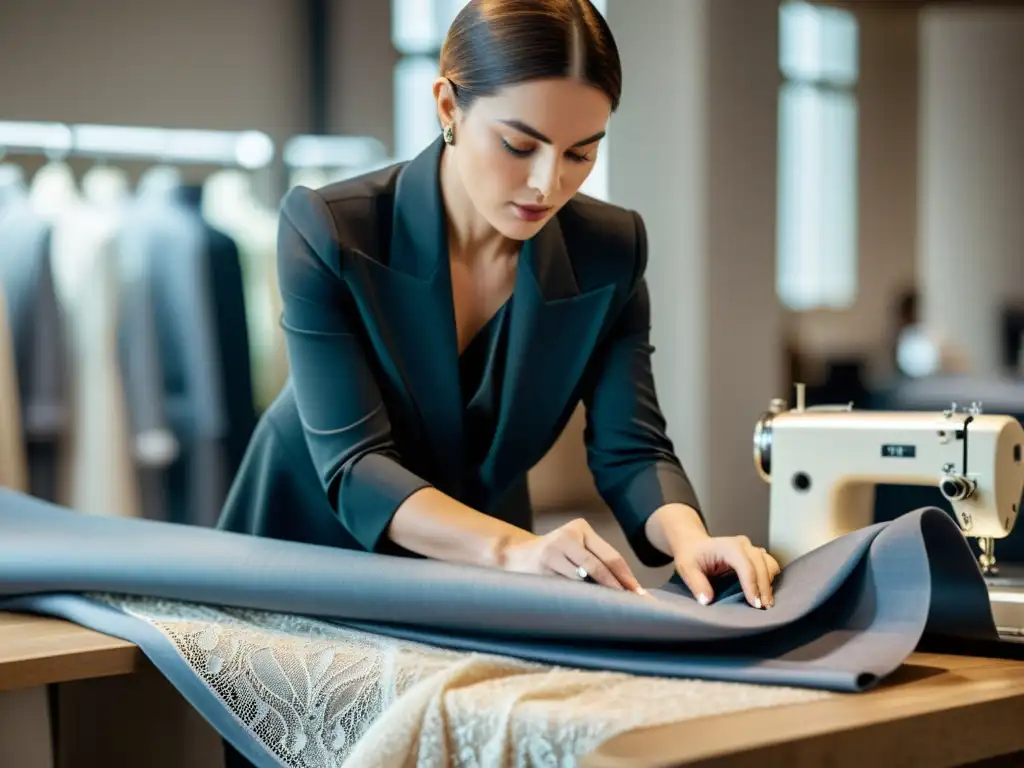 Una diseñadora de moda examina detalladamente una lujosa tela, rodeada de materiales sostenibles