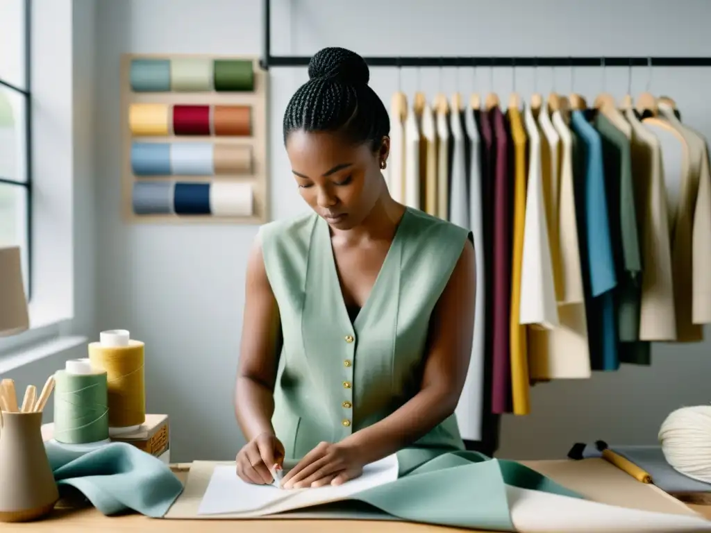 Una diseñadora de moda cosiendo a mano en un estudio minimalista, enérgica y auténtica