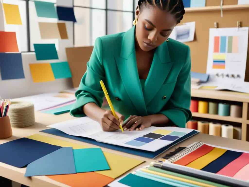 Una diseñadora de moda crea su nueva línea rodeada de telas, muestras de colores y un tablero de inspiración, en un estudio soleado