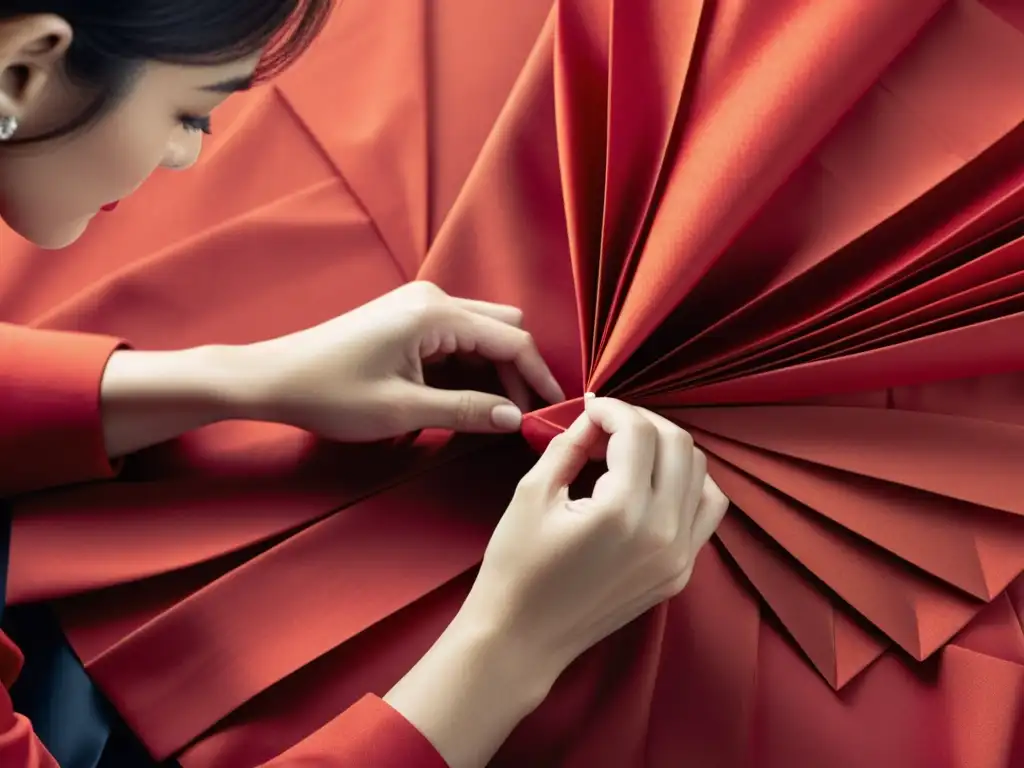 Una diseñadora de moda crea pliegues origami en un vibrante tejido rojo, fusionando artesanía japonesa con estilo contemporáneo