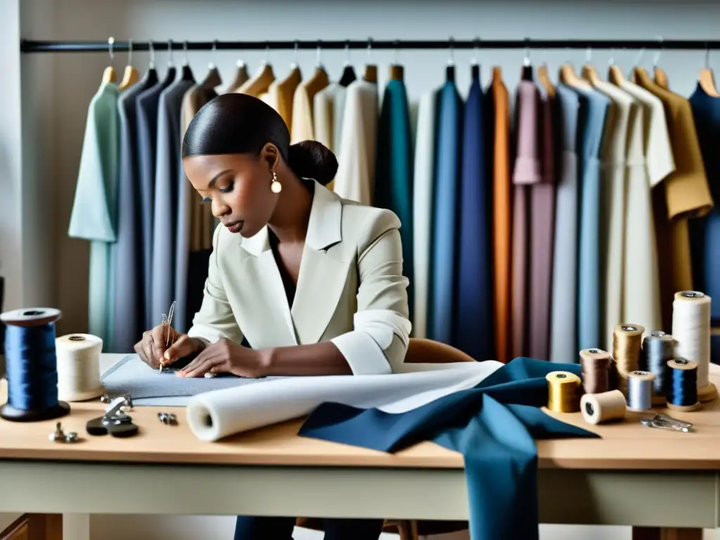 Una diseñadora de moda crea una prenda con autenticidad en un moderno taller