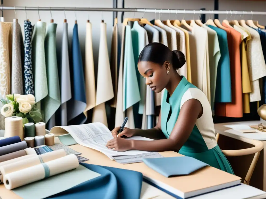 Una diseñadora de moda con determinación crea una prenda en su estudio, reflejando las mejores prácticas experiencia usuario moda