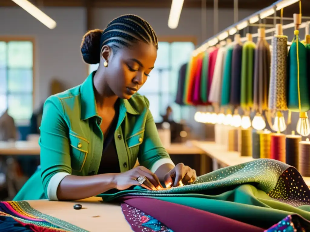 Una diseñadora de moda crea una prenda única con telas recicladas, reflejando la revolución del upcycling en moda con creatividad y sostenibilidad