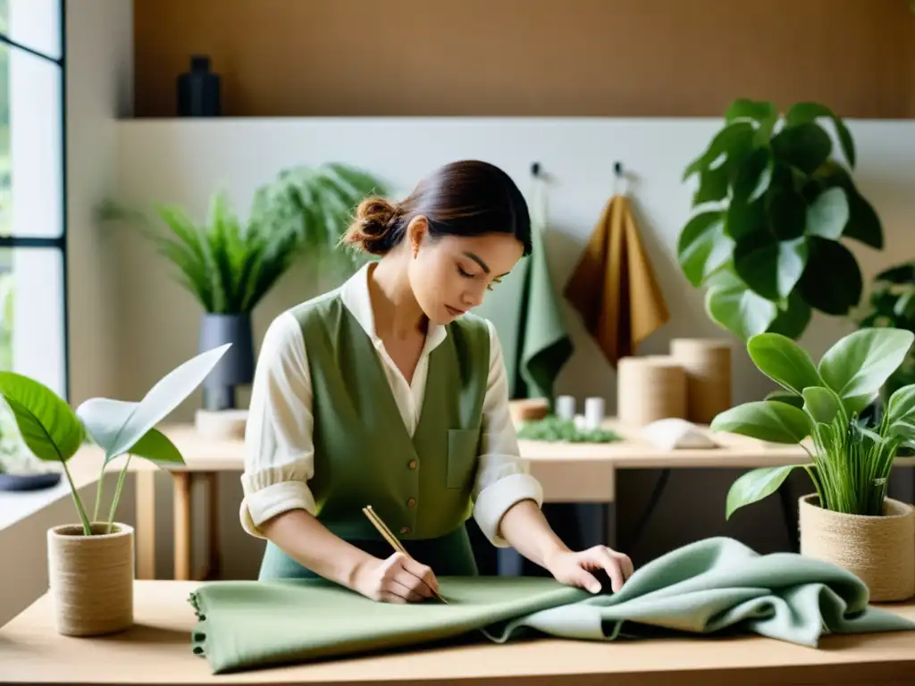 Diseñadora de moda elaborando prendas sostenibles en un taller luminoso y natural