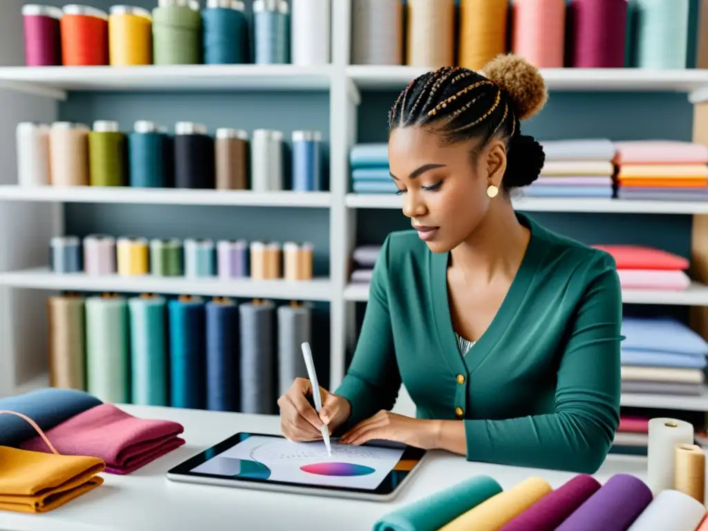 Una diseñadora de moda profesional dibuja un nuevo diseño de ropa en una tablet, rodeada de telas, herramientas de costura y tableros de inspiración en su estudio moderno y bien iluminado