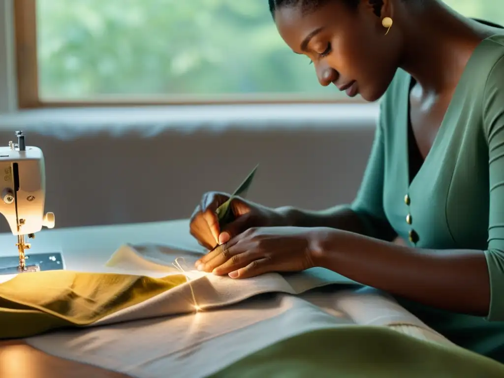 Una diseñadora de moda sostenible cose una etiqueta ecológica en una prenda cuidadosamente elaborada, con luz natural que ilumina la escena