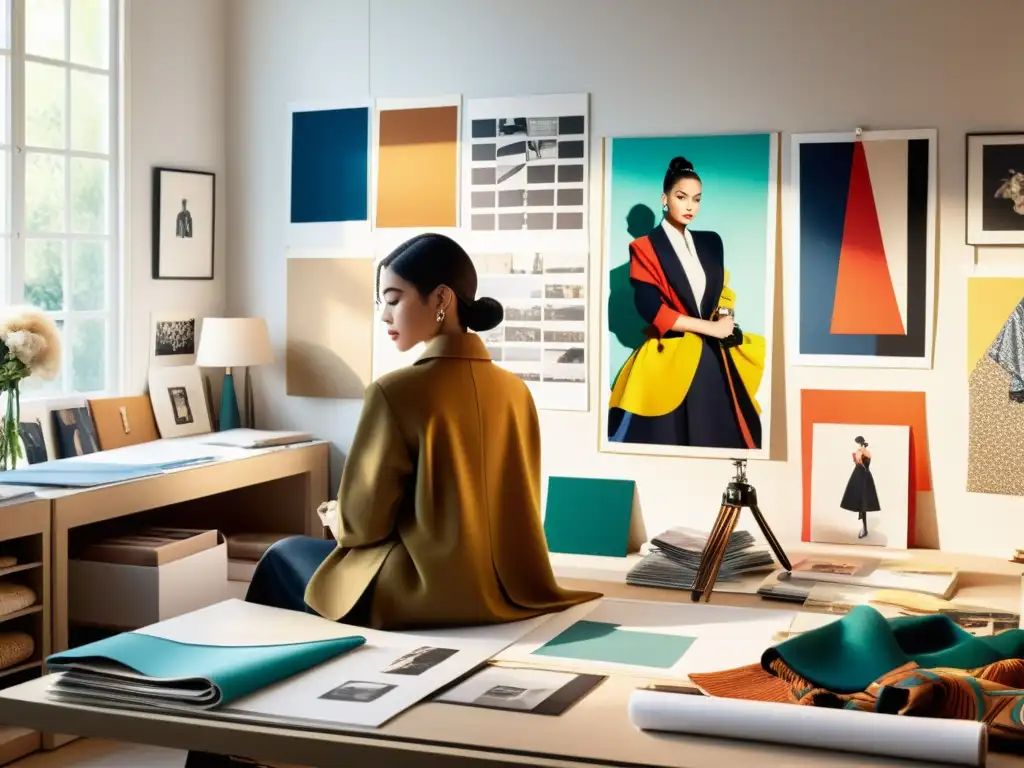 Una diseñadora de moda dibujando en su taller soleado, rodeada de telas lujosas, revistas vintage y un tablero de inspiración