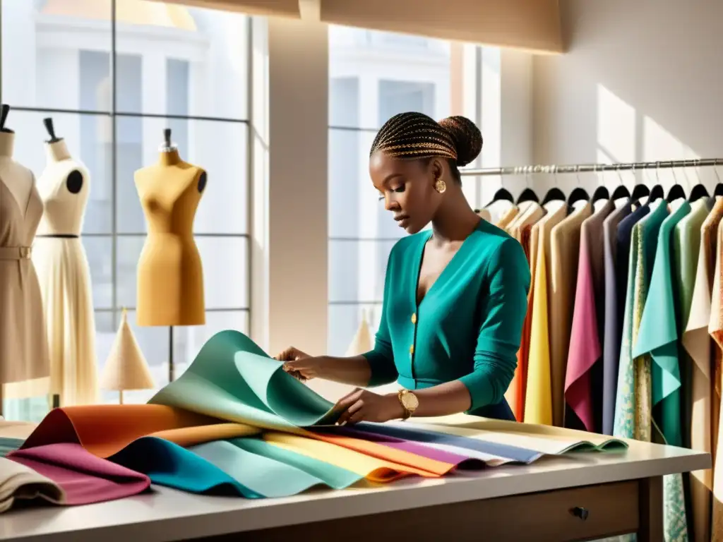 Una diseñadora de moda selecciona telas en su elegante taller, rodeada de colores y texturas vibrantes bajo la luz natural