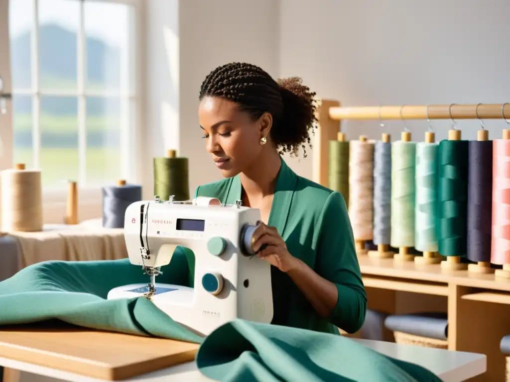 Una diseñadora de moda selecciona telas sostenibles en un estudio soleado