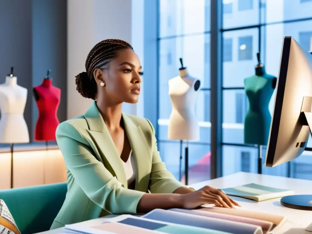 Una diseñadora de moda analiza tendencias en una oficina luminosa, rodeada de telas, bocetos y revistas de moda