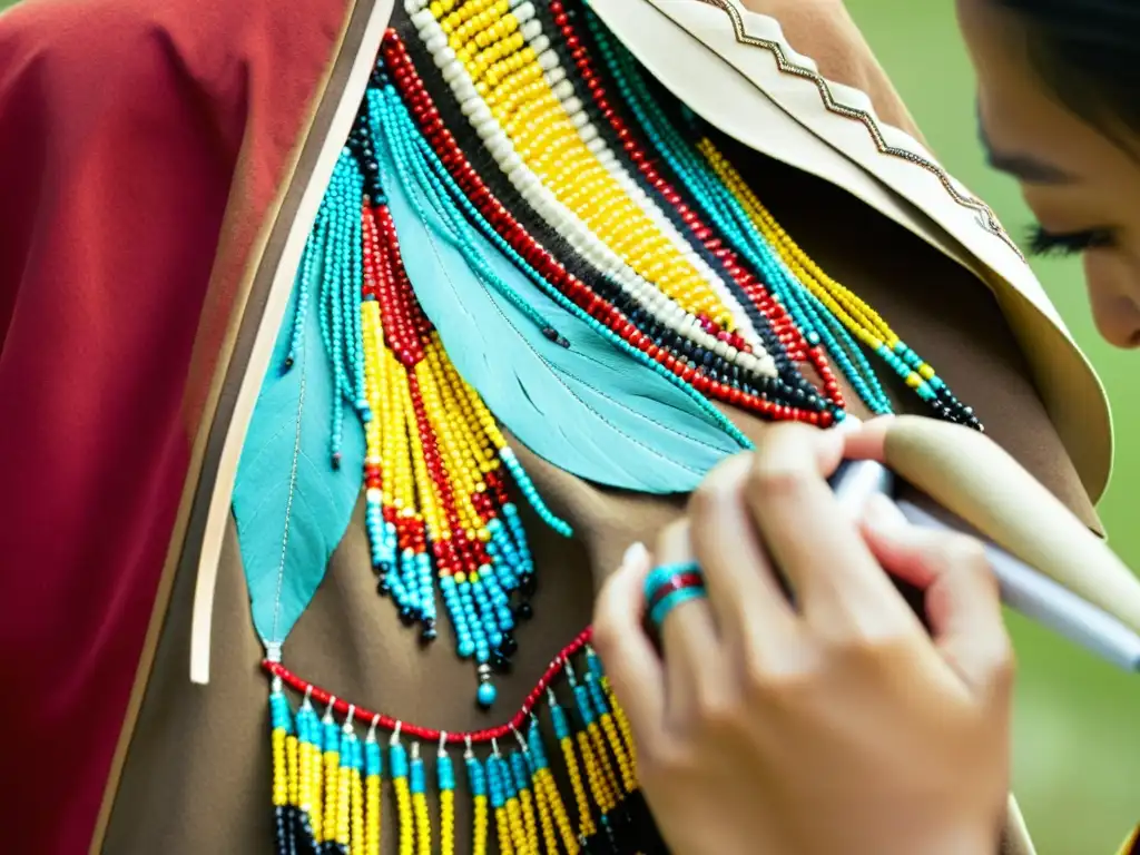 Una diseñadora Sioux cosiendo a mano un vestido de piel de venado con vibrantes cuentas, resaltando la estética distintiva de la moda Sioux