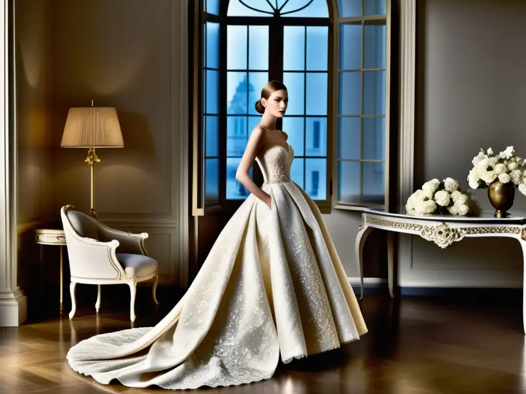 Diseñadores de alta costura mercado masivo creando exquisitos vestidos en un atelier soleado, rodeados de lujosas telas, encajes delicados y adornos brillantes