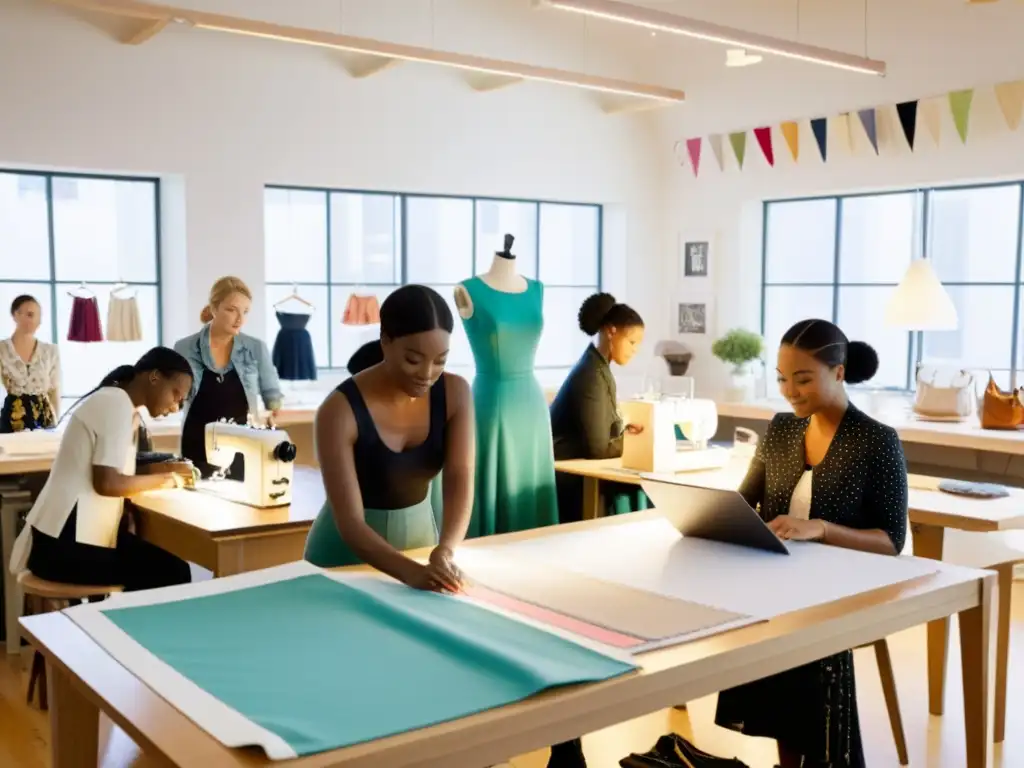 Diseñadores y costureras colaboran en un taller de moda, con luz natural y energía creativa