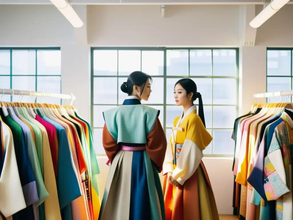 Diseñadores de moda en estudio de Seúl, mezclando hanbok y streetwear, representando la historia moda asiática impacto cultural