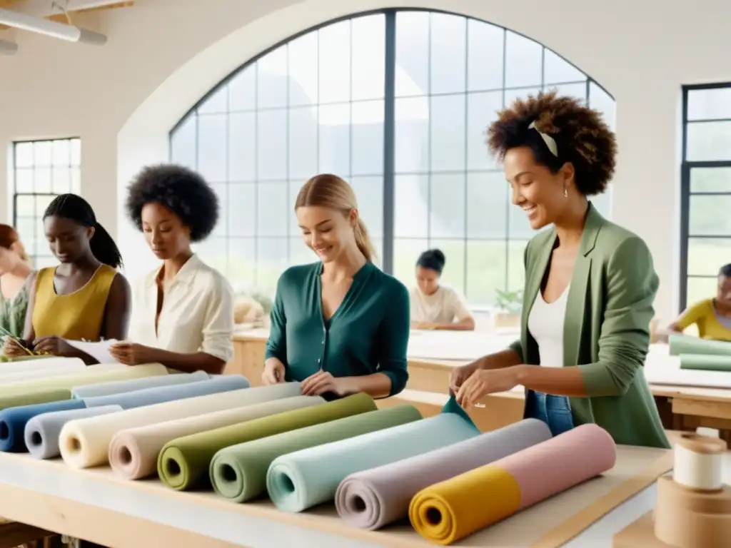 Diseñadores pioneros moda ecofriendly colaborando en su estudio sostenible, rodeados de materiales orgánicos e iluminados por luz natural