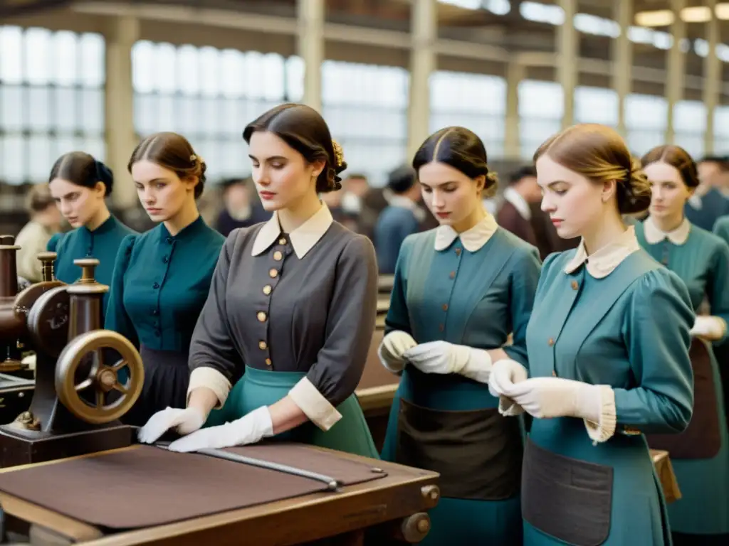 Diseño de indumentaria laboral victoriana en una fábrica textil del siglo XIX, muestra la moda funcional de la época