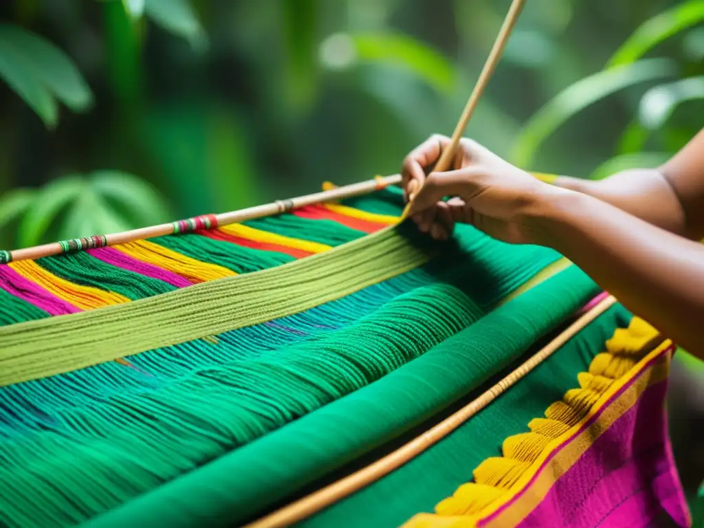 Diseño de moda latino con elementos amazónicos: Un artesano indígena teje con destreza un textil tradicional amazónico, enmarcado por exuberante selva