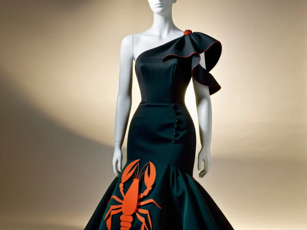 Diseño de moda surrealista impactante de Elsa Schiaparelli: un vestido de noche con motivos de langosta, silueta vanguardista y detalles intrincados